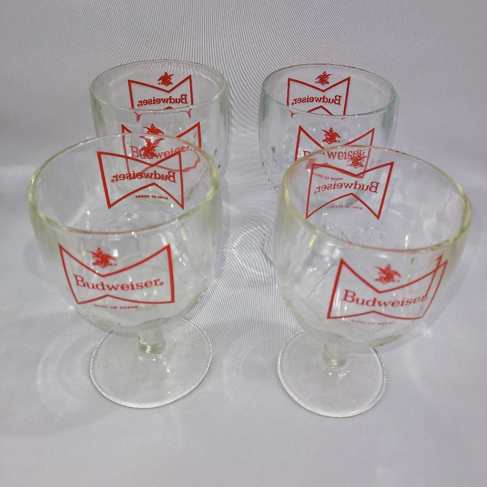 Budweiser Vintage Beer Goblet Set 4 Mug 6.25" Carnival Glass 1970s Bar